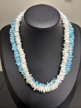 Blue & White Puka Shell Layered Beach Boho Necklace